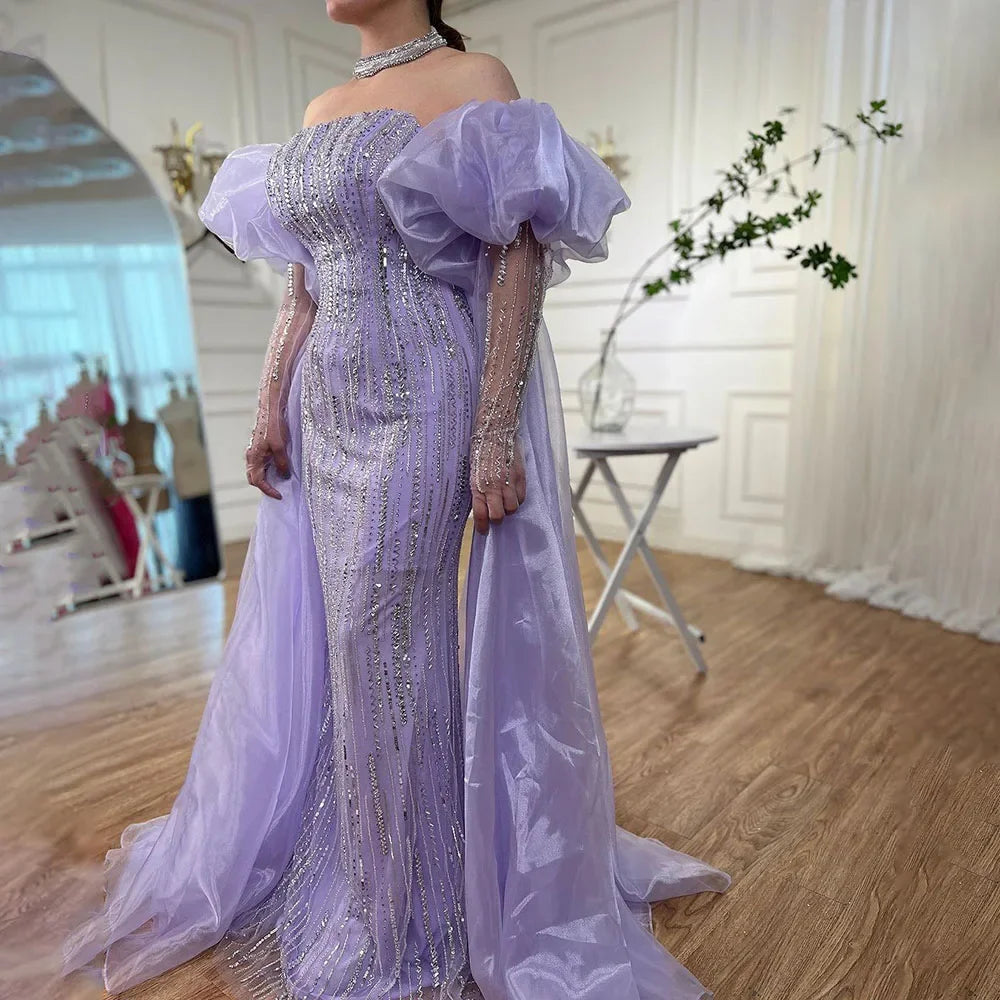 Serene Hill Customized Blue Mermaid Puff Sleeves Beaded Evening Dresses Dubai Elegant Party Gowns For Women 2024 DLA71823