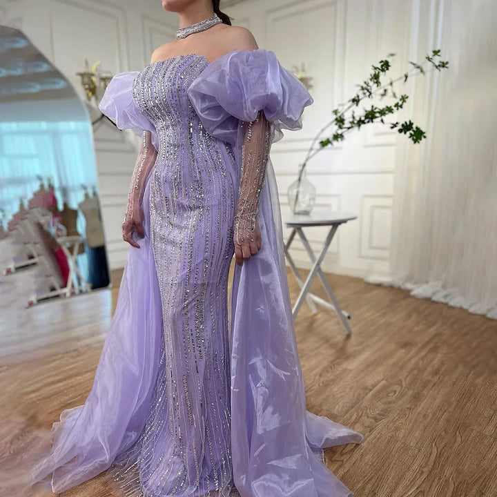 Serene Hill Customized Blue Mermaid Puff Sleeves Beaded Evening Dresses Dubai Elegant Party Gowns For Women 2024 DLA71823