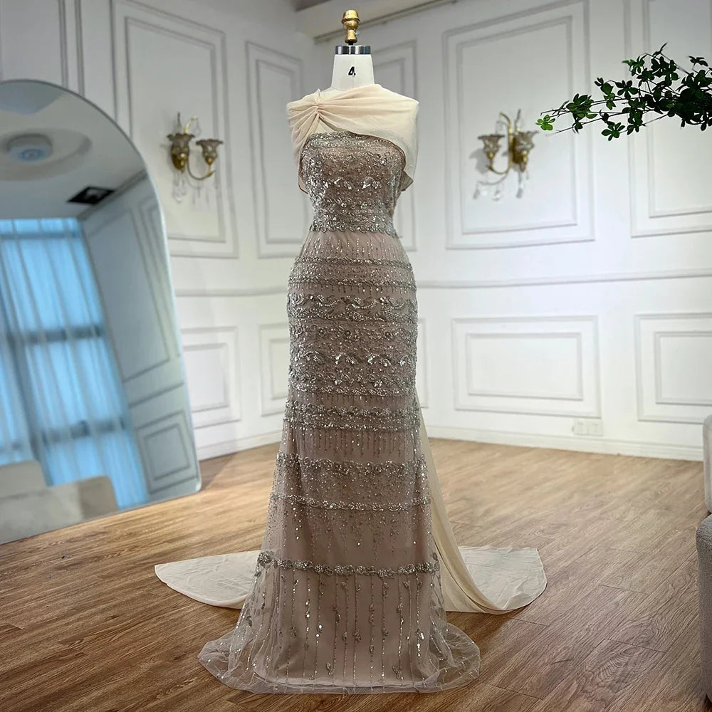 Serene Hill 2026 Customized Nude Mermaid Sleeveless Evening Dress with Long Cape Dubai Wedding Party Gowns for Women DLA72126B