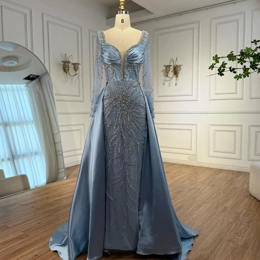 Serene Hill Customized 2026 High-end Beaded Blue Long Sleeves Evening Dress with Overskirt Satin Party Gowns for Women DLA72963