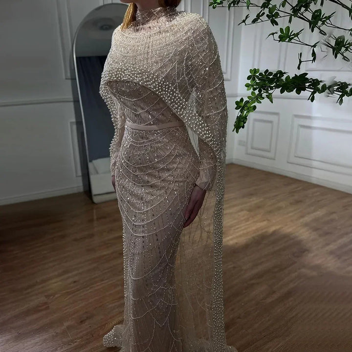 Serene Hill Customized Muslim Hijab Sage Green Long Sleeves Evening Dresses with Cape Dubai 2024 Party Gowns For Women LA72032M