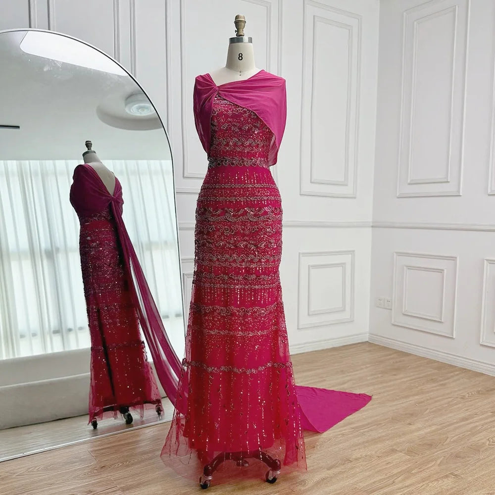Serene Hill 2026 Customized Nude Mermaid Sleeveless Evening Dress with Long Cape Dubai Wedding Party Gowns for Women DLA72126B