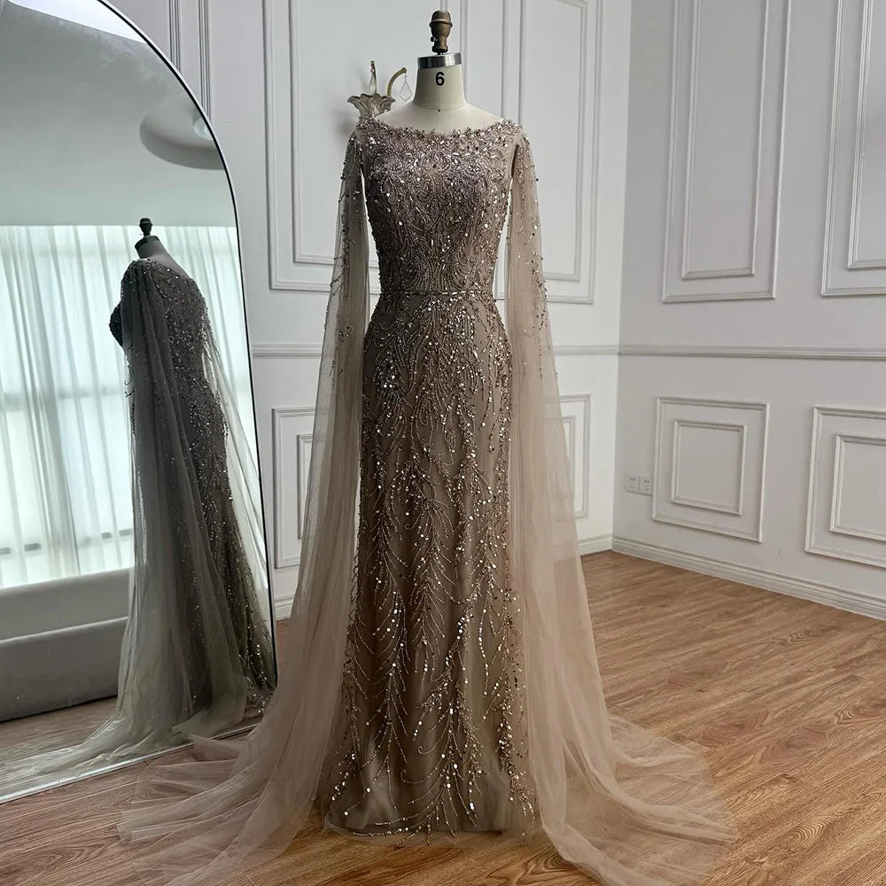 Serene Hill Customized Caramel O-Neck Mermaid Evening Dress with Cape Sleeve 2026 Wedding Party Gowns for Women DLA71804