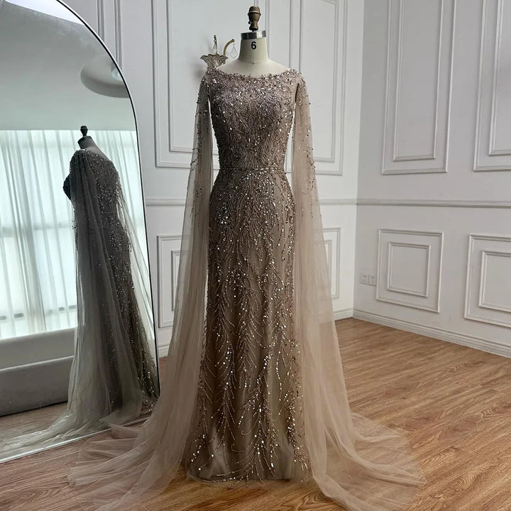 Serene Hill Customized Caramel O-Neck Mermaid Evening Dress with Cape Sleeve 2026 Wedding Party Gowns for Women DLA71804
