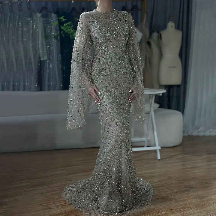 Serene Hill 2025 Flared Sleeves Caramel Beaded Dubai Mermaid Evening Dresses Gowns for Party DLA72771 Customized