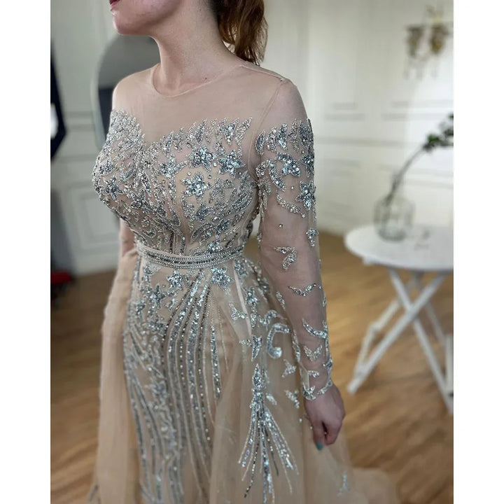 Serene Hill Customized Nude Long Sleeves Mermaid Beaded Muslim Evening Dresses Overskirt Dubai Party Gowns For Women DLA71943