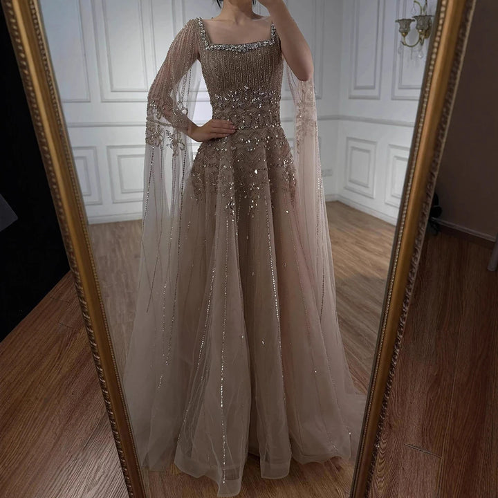 Serene Hill Red Square Collar A-Line Beaded Evening Dress with Cape Sleeves 2026 Party Gowns for Women DLA73089A Customized