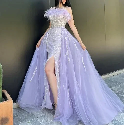 Glamorous Lilac Sequins Tulle Slit Prom Dress Evening Dress With Feathers Y8528 by simplepromdress
