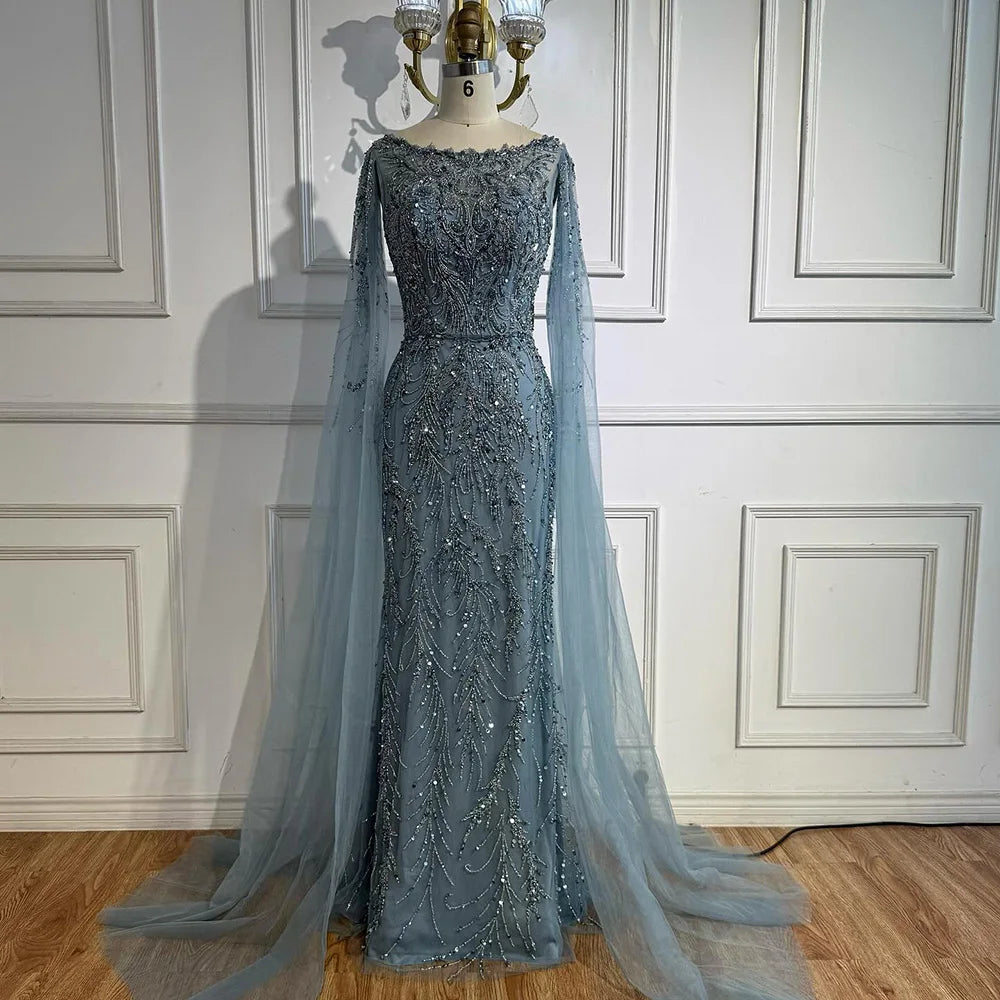 Serene Hill Customized Caramel O-Neck Mermaid Evening Dress with Cape Sleeve 2026 Wedding Party Gowns for Women DLA71804