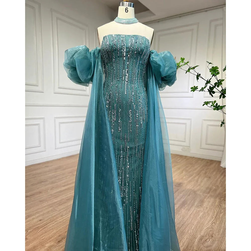 Serene Hill Customized Blue Mermaid Puff Sleeves Beaded Evening Dresses Dubai Elegant Party Gowns For Women 2024 DLA71823