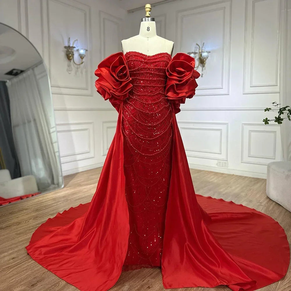 Serene Hill Red Strapless Mermaid Pearls Beaded Evening Dresses with Long Cape Wedding Party Gowns 2025 DLA72585A Customized