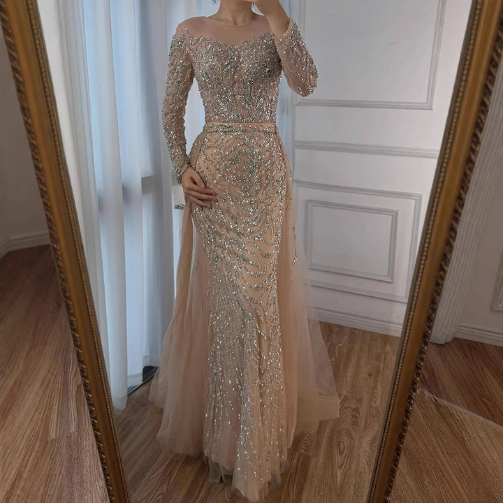 Serene Hill Nude Mermaid Long Sleeve Evening Dress with Overskirt Luxury Beaded Wedding Party Gown for Women Customized DLA71995