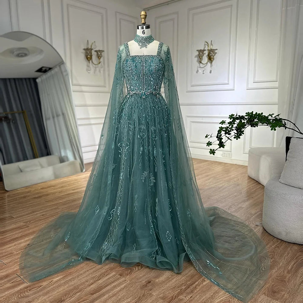 Serene Hill Customized 2025 Wine Red A Line Cape Sleeves Luxury Beaded Evening Dresses Formal Party Gowns for Women DLA72764