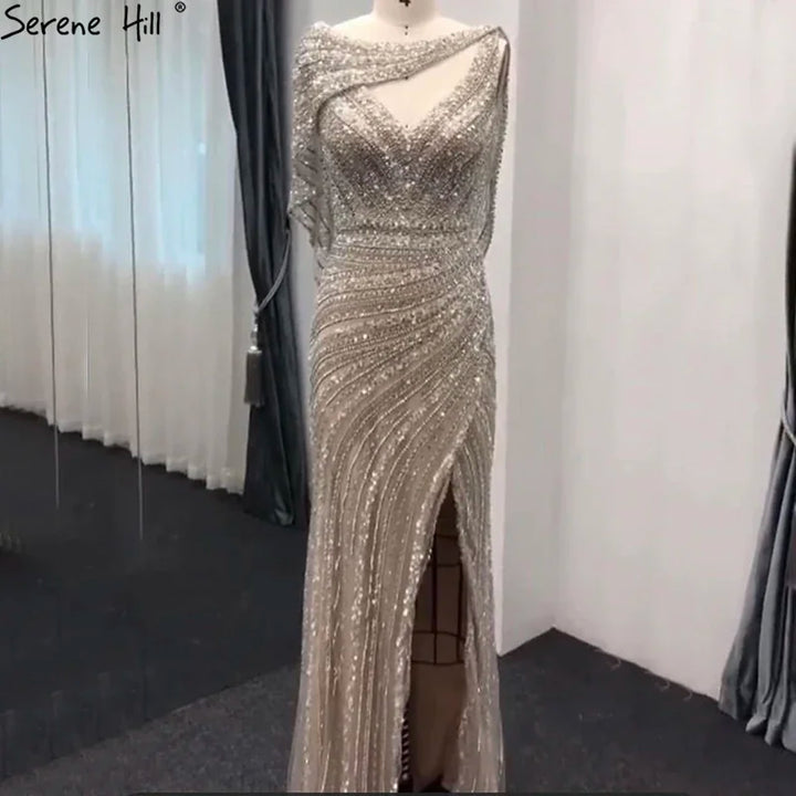 Serene Hill Customized Silver Nude Beaded Mermaid Evening Dresses 2025 Elegant Party Gowns For Women Wedding DLA70752