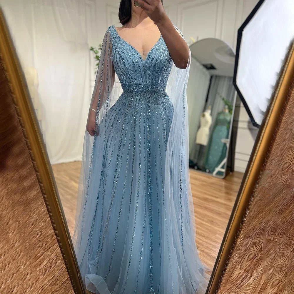 Serene Hill Customized Pink A-Line Cape Sleeves Luxury Beaded Evening Dresses Party Gowns 2025 For Women Wedding DLA71567