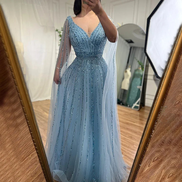 Serene Hill Customized Pink A-Line Cape Sleeves Luxury Beaded Evening Dresses Party Gowns 2025 For Women Wedding DLA71567