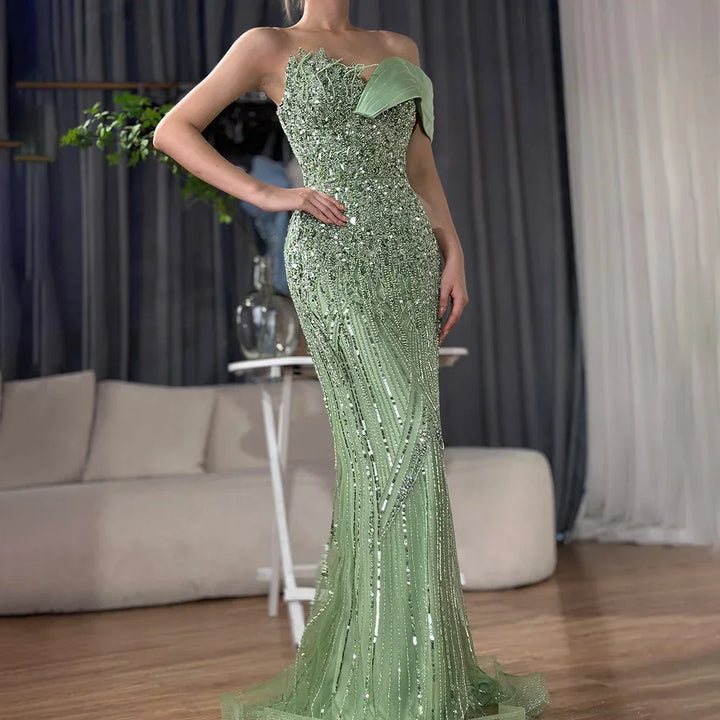 Serene Hill 2025 Dubai Grey Mermaid One Shoulder Beaded Long Evening Dresses Gowns For Formal Occasion DLA72650 Customized