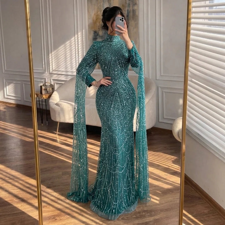 Serene Hill White High Neck Long Sleeve Mermaid Evening Dress 2026 Party Gowns for Women DLA72591 Customized