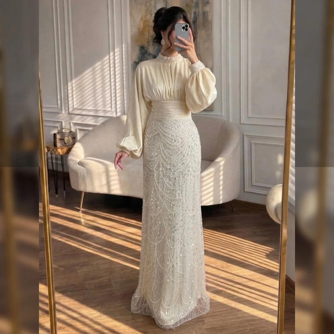 Serene Hill 2026 Elegant Mauve Muslim Evening Gowns Dubai High Neck Full Sleeve Formal Party Dress for Women DLA73676 Customized