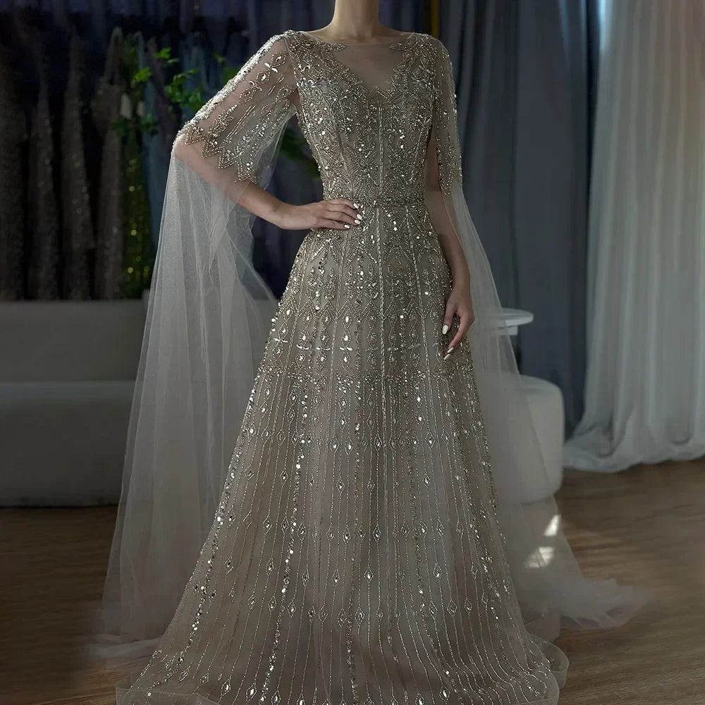 Customized 2025 Muslim A-Line Blue Beaded Elegant Evening Dresses With Cape Sleeves For Wedding Occasion DLA72666