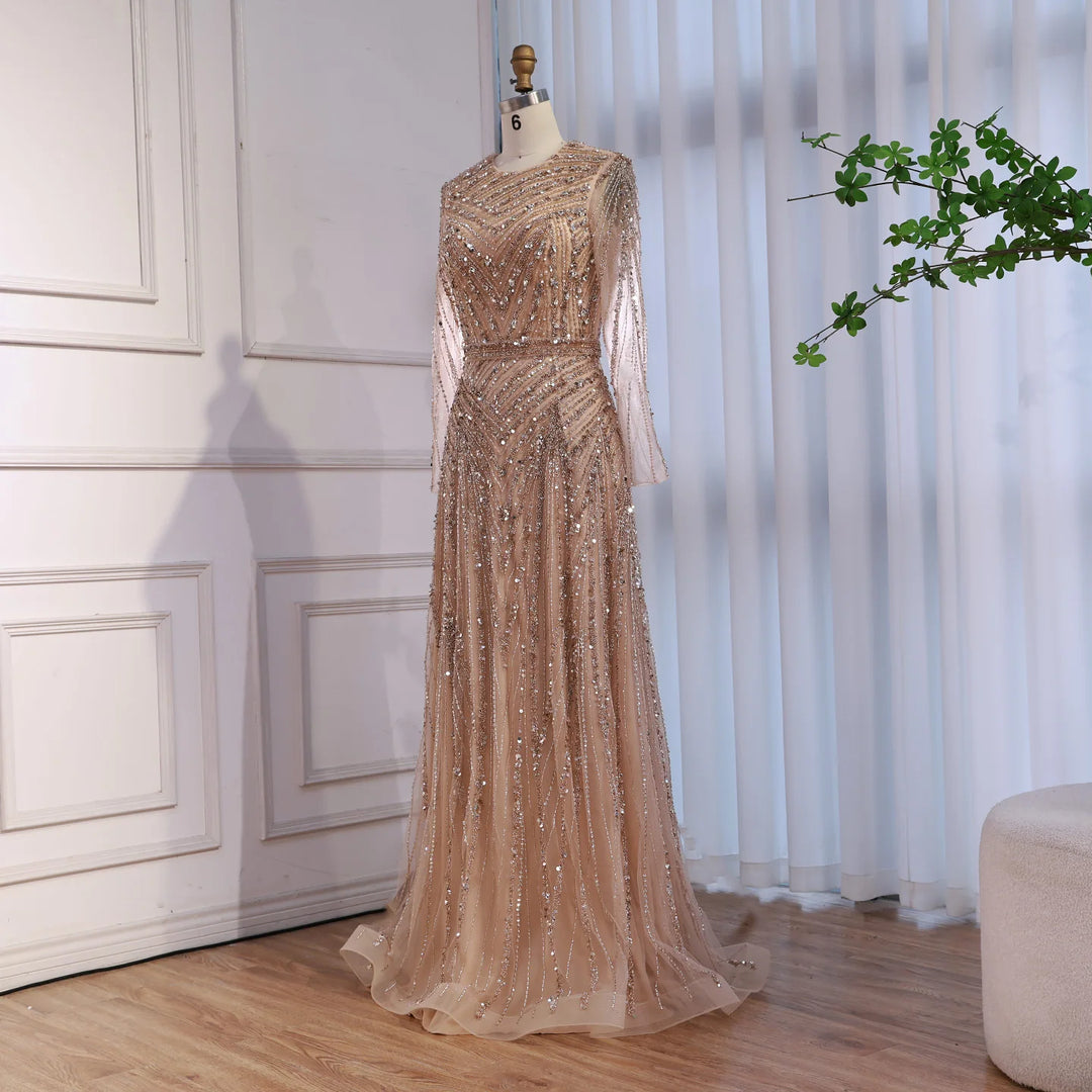 Serene Hill Nude Crew Neck A-line Long Sleeves Evening Dress Beaded Wedding Party Gowns for Women 2026 Customized DLA73208