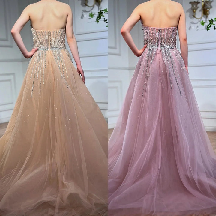 Serene Hill Customized 2025 Pink Crystal Beaded Saudi Mermaid Evening Dresses Gowns with Overskirt for Formal Occasion DLA72811