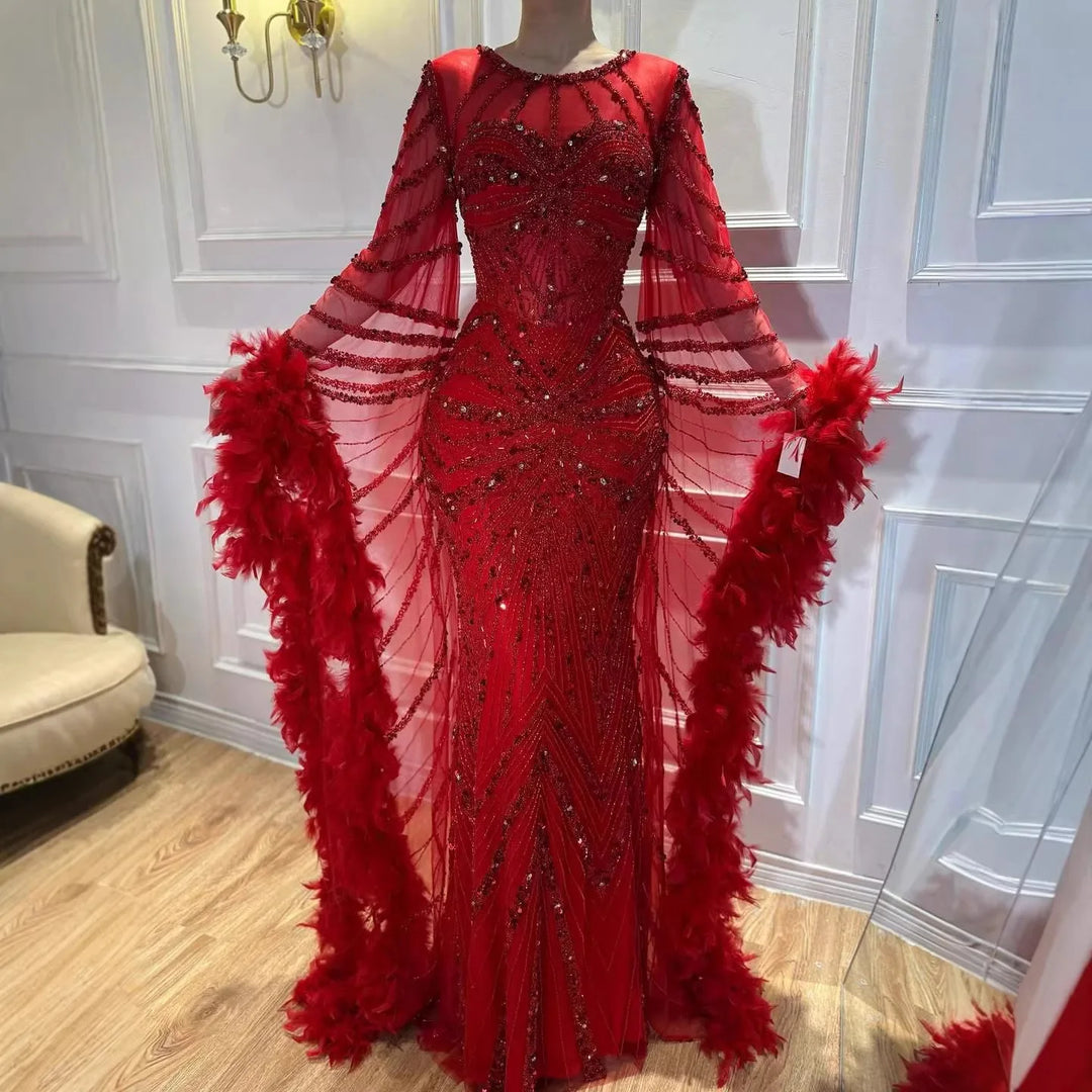 Serene Hill Pink Luxury Beaded Mermaid Evening Dress Gowns with Feathers for Formal Occasion Customized DLA72708A