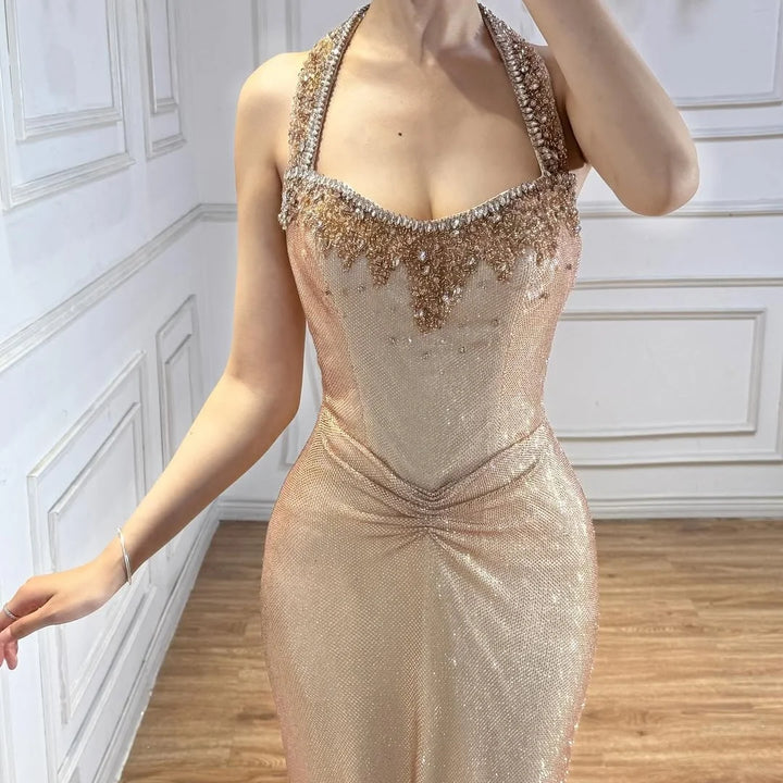Serene Hill Rose Gold Mermaid Beaded Evening Dress Elegant Sparkly Wedding Party Gown with Ruched Waist DLA73410B Customized