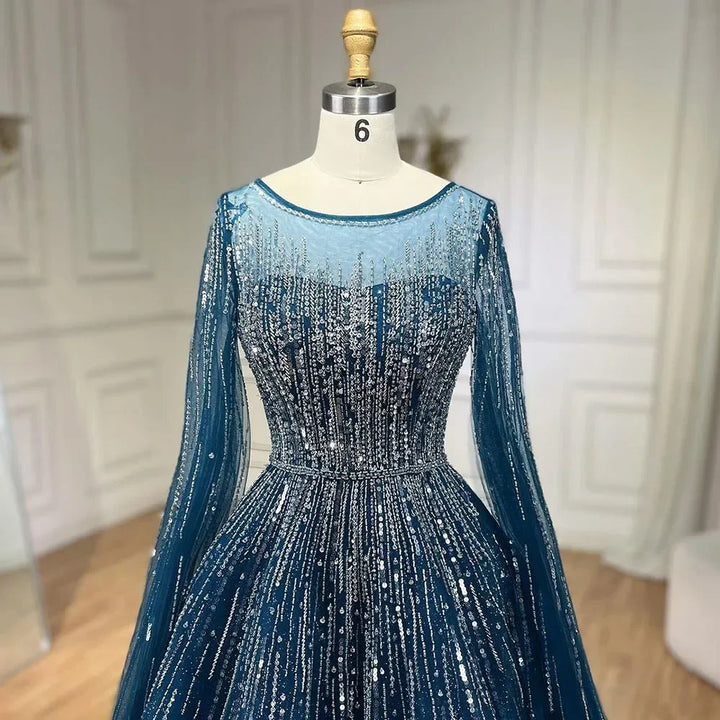 Serene Hill Blue Cape Sleeves A-Line Beaded Evening Dresses Customized Party Gowns for Women DLA72248A