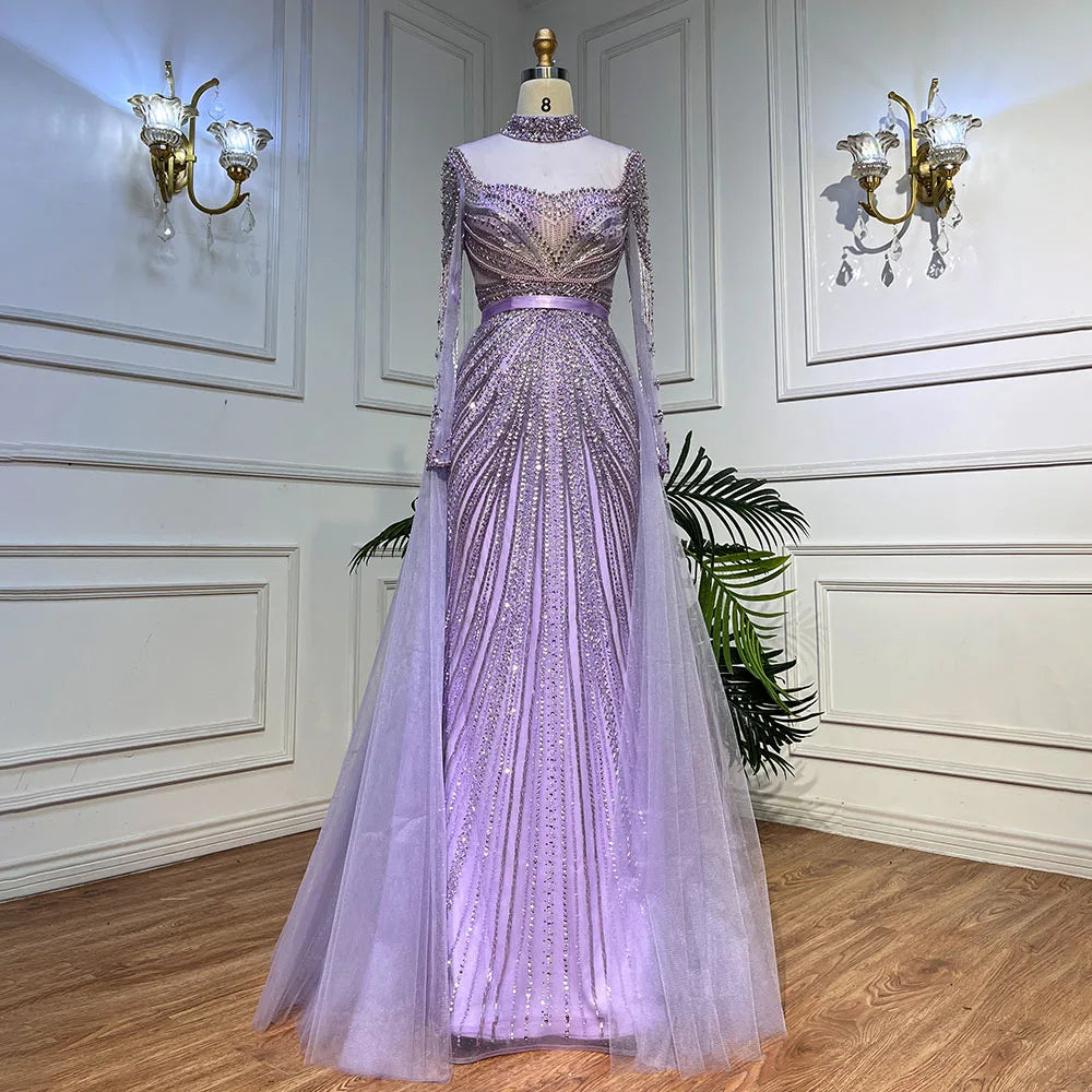 Serene Hill Customized Nude Long Sleeves Beaded Mermaid Dubai Evening Dresses 2025 Muslim Party Gowns for Veiled Women DLA71533