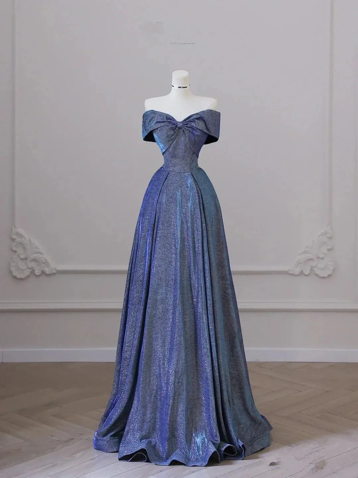 Iridescent off-shoulder evening gown on mannequin in elegant room, ZAPDRESS fashion