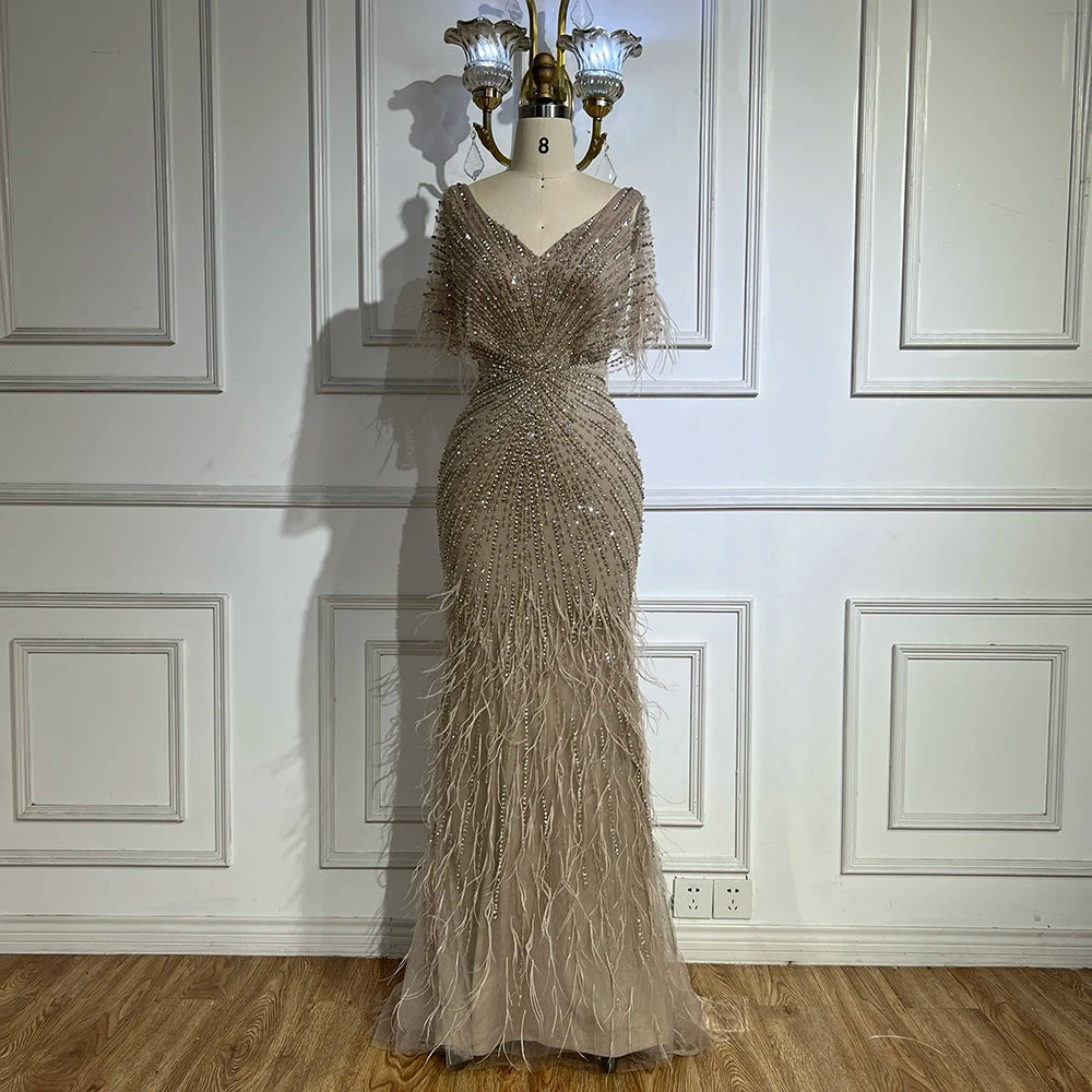 Serene Hill Brown Mermaid Beaded Feathers Evening Dresses Elegant Party Gowns for Women DLA71323 Customized