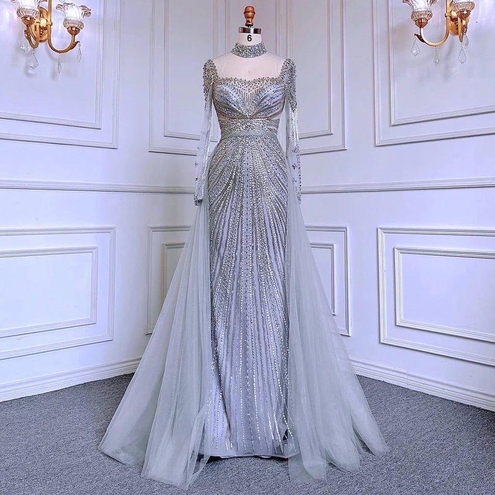 Serene Hill Customized Nude Long Sleeves Beaded Mermaid Dubai Evening Dresses 2025 Muslim Party Gowns for Veiled Women DLA71533