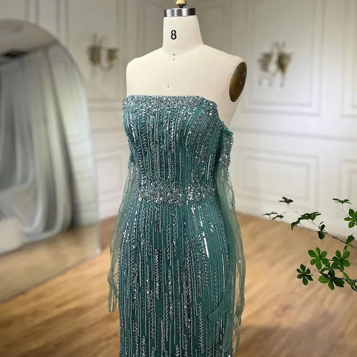 Serene Hill Turquoise Strapless Mermaid Beaded Evening Party Dresses Gowns with Gloves Customized DLA71950