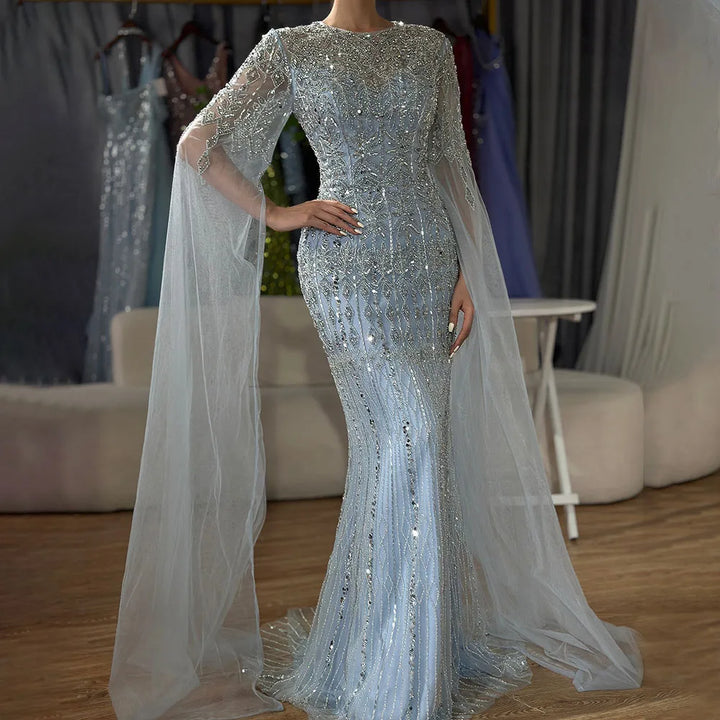 Serene Hill Caramel Mermaid Beaded Evening Dresses with Cape Sleeve Elegant Party Gowns for Women DLA72775 Customized