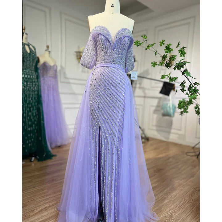 Serene Hill Customized Turquoise Off Shoulder Mermaid Beaded Evening Dresses Overskirt Split Party Gowns for Women rts DLA71728