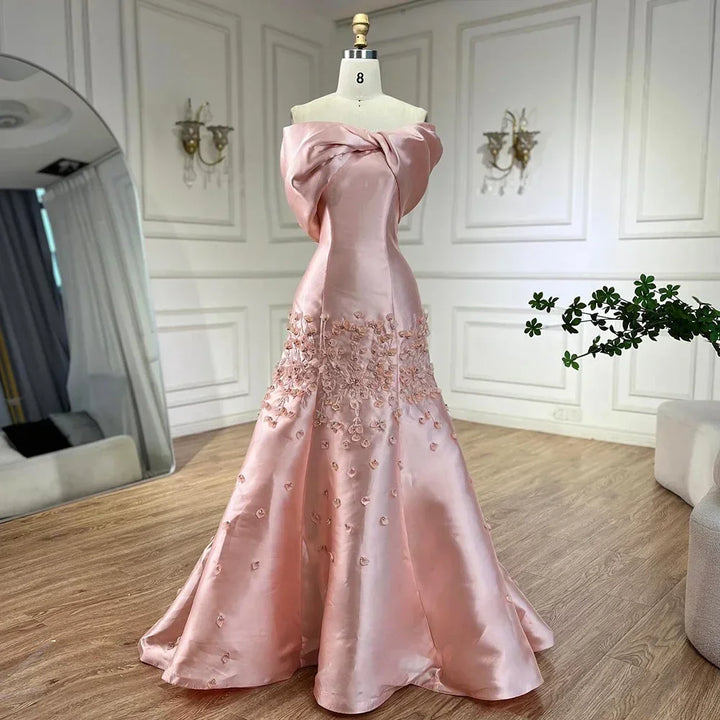 Serene Hill Customized Elegant Red Off-Shoulder Evening Gowns with Floral Satin Arabic Party Prom Dress for Women DLA72483