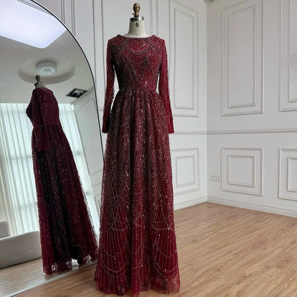 Serene Hill Wine Red Long Sleeves Muslim A-line Evening Dress Pearls Beaded Party Gowns for Women Plus Size Customized DLA72738B