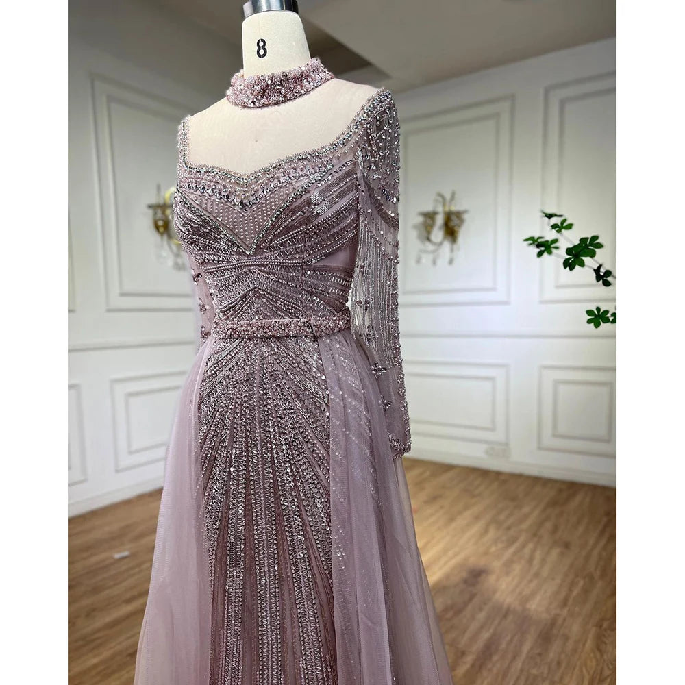Serene Hill Customized Nude Long Sleeves Beaded Mermaid Dubai Evening Dresses 2025 Muslim Party Gowns for Veiled Women DLA71533