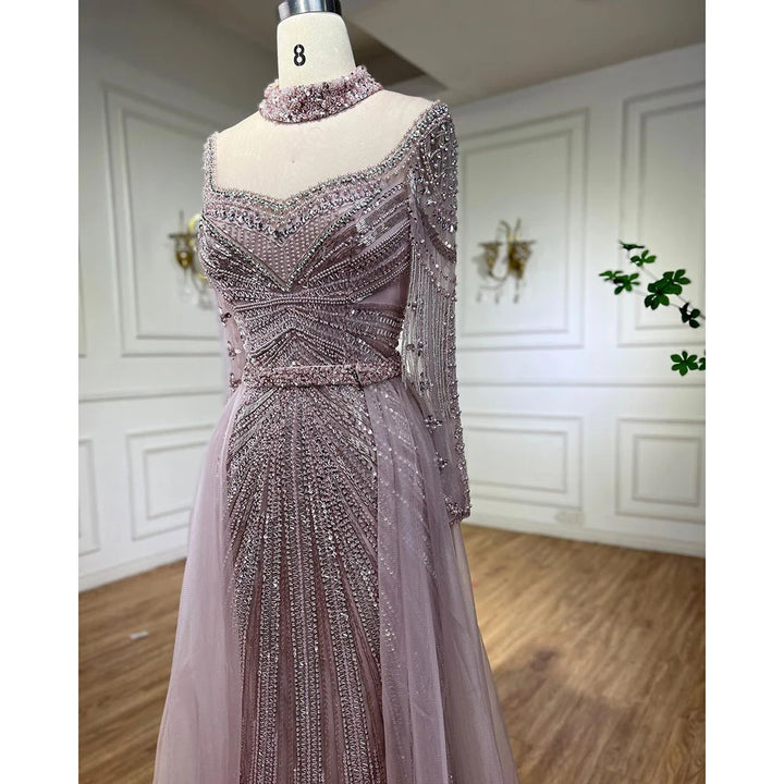 Serene Hill Customized Nude Long Sleeves Beaded Mermaid Dubai Evening Dresses 2025 Muslim Party Gowns for Veiled Women DLA71533