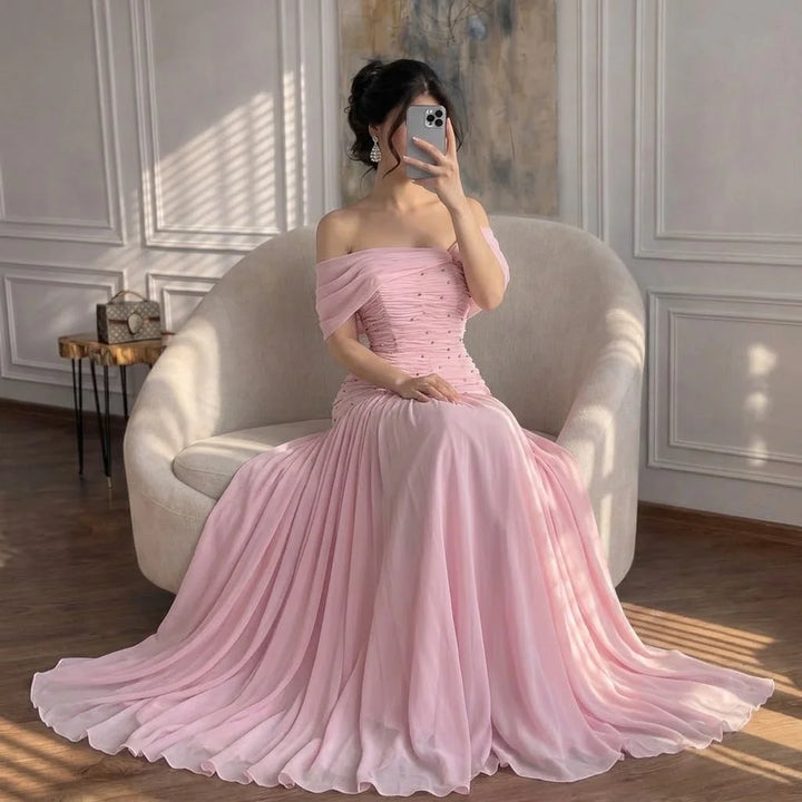 Serene Hill Pink Chiffon Mermaid Evening Gowns 2026 Elegant Mermaid Off-Shoulder Pleated Ruched Prom Dresses LA73347 Customized