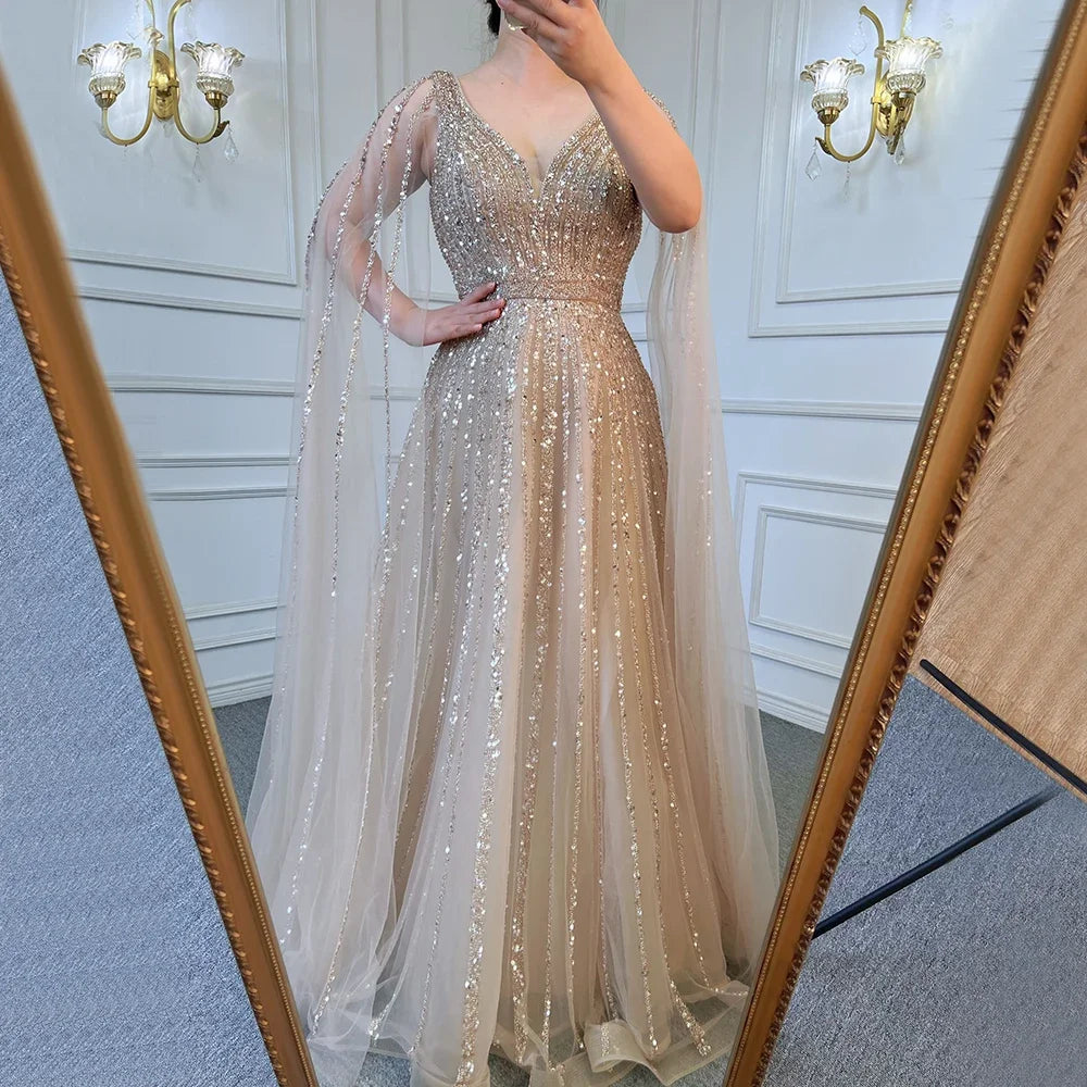 Serene Hill Customized Pink A-Line Cape Sleeves Luxury Beaded Evening Dresses Party Gowns 2025 For Women Wedding DLA71567