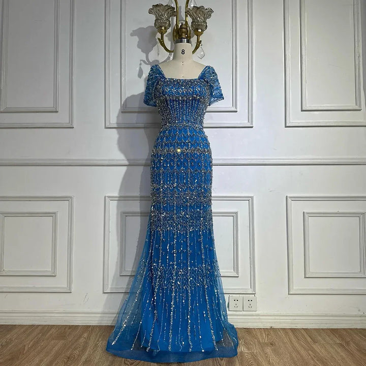 Serene Hill Blue Mermaid Beaded Evening Dresses with Detachable Sleeves Elegant Party Gowns for Women DLA72714 Customized