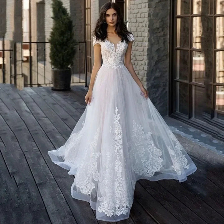 Lace Appliques Princess Bohomian Beach Wedding Dress Vestido De Noiva Cap Sleeve V-Neck Vestidos De Novia by payinti