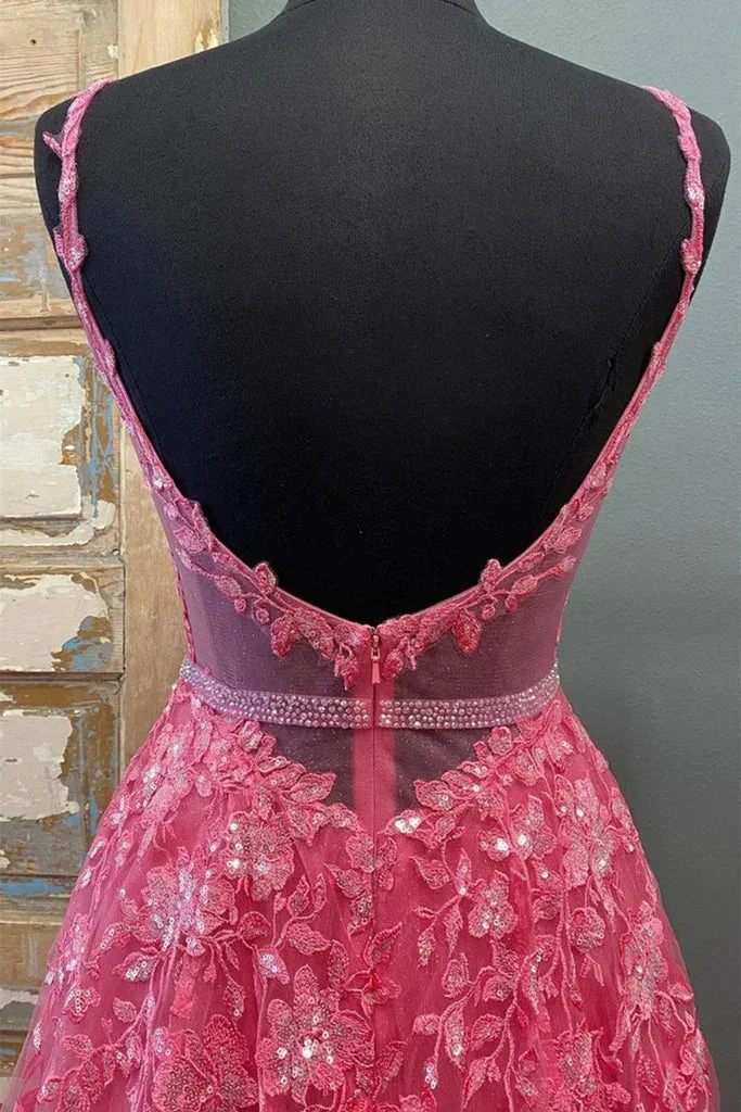A Line V Neck Beaded Hot Pink Lace Long Prom Dress, Hot Pink Lace Formal Graduation Evening Dress Y216 by simplepromdress