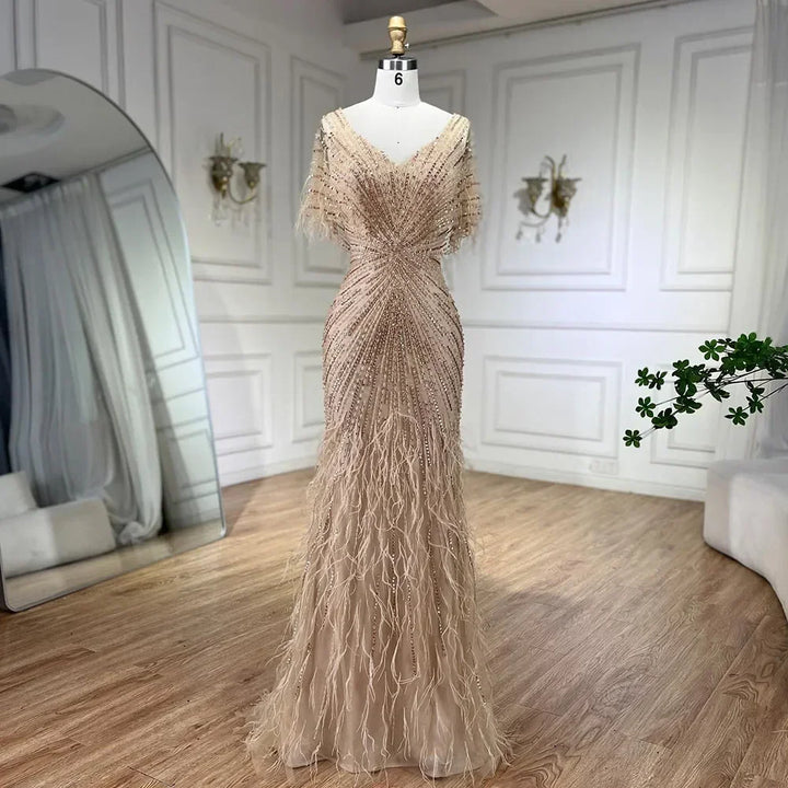 Serene Hill Brown Mermaid Beaded Feathers Evening Dresses Elegant Party Gowns for Women DLA71323 Customized