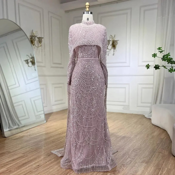 Serene Hill Customized Muslim Hijab Sage Green Long Sleeves Evening Dresses with Cape Dubai 2024 Party Gowns For Women LA72032M