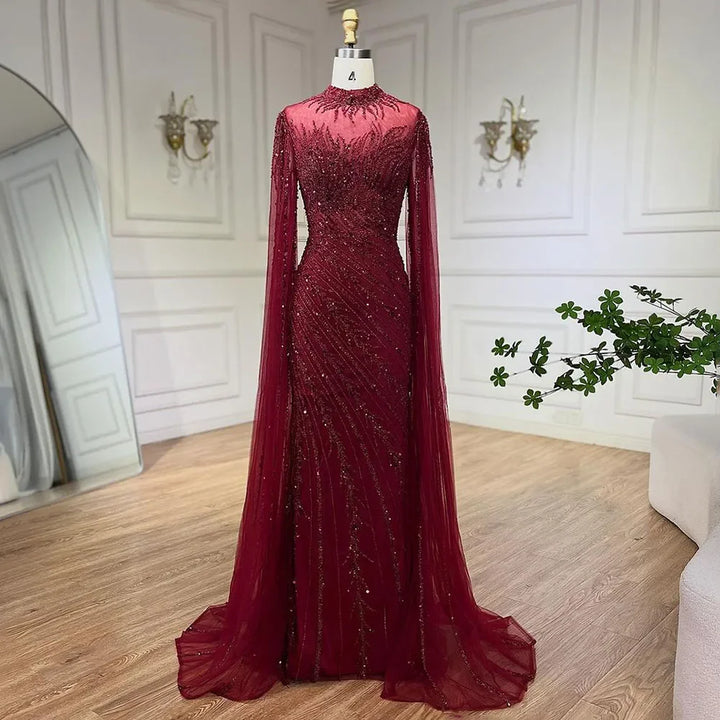 Serene Hill Customized Caramel Mermaid Beaded Cape Sleeves Evening Dresses 2024 Dubai Party Gowns for Women Wedding DLA71885A