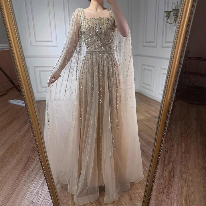 Serene Hill Turquoise Square Collar Beaded Evening Dress with Cape Sleeves Dubai Pary Gowns for Women DLA73188 Customized