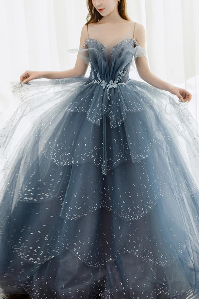 Blue Tulle Beaded Long A-Line Prom Dress, Blue Formal Evening Gown Y1579 by simplepromdress